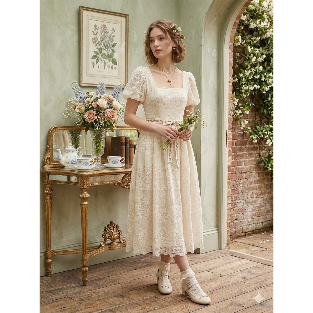 Cream Floral Lace Puff Sleeve Midi Dress L Cottagecore Coquette Prairie Romantic